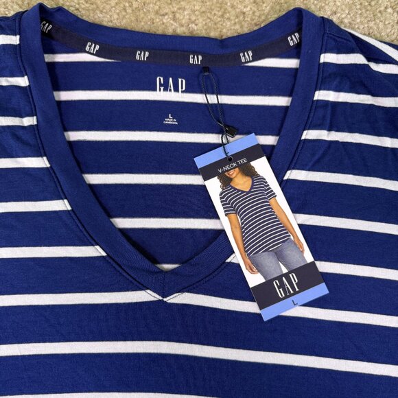 Gap Women's Soft Jersey Relaxed Short Sleeve V-Neck Top Size L Blue Striped E871 - Picture 3 of 9